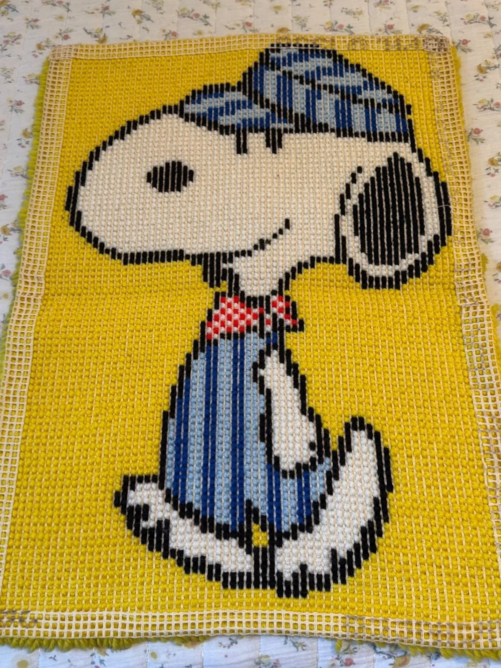 Vintage Snoopy Train Conductor Engineer Completed Latch Hook Rug 1970s 27x20
